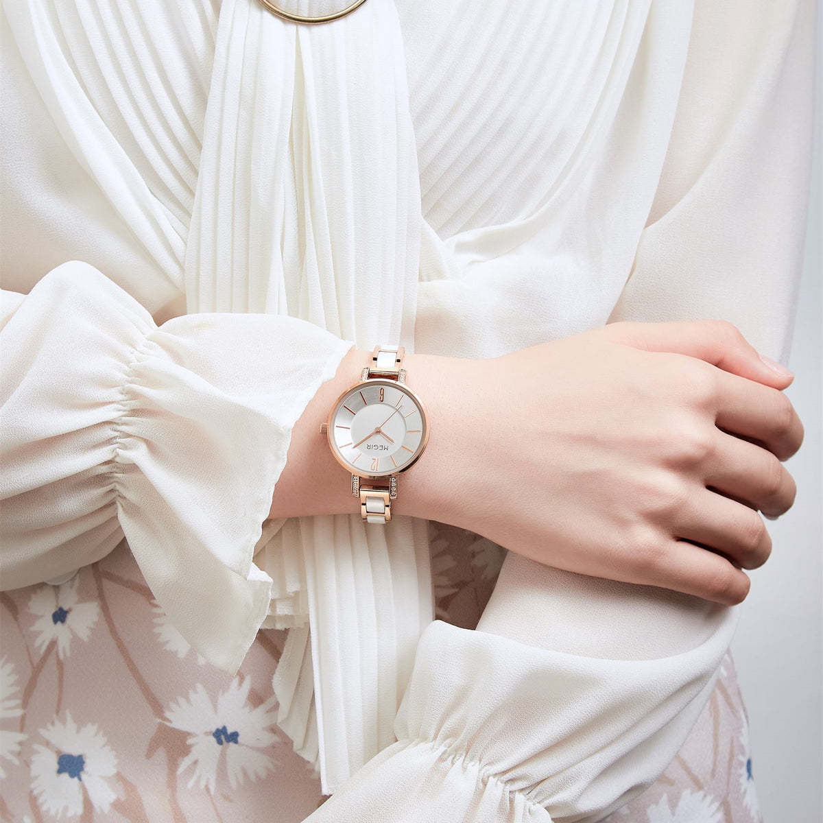 MEGIR Brass & Ceramic Ladies Quartz Watch | Velorent Time